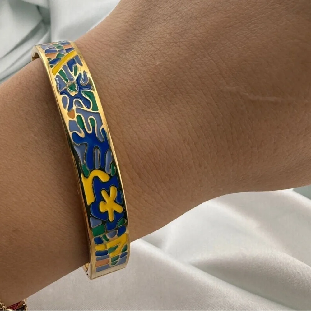 New women stainless steel art Gold and Blue Enamel Bracelet
